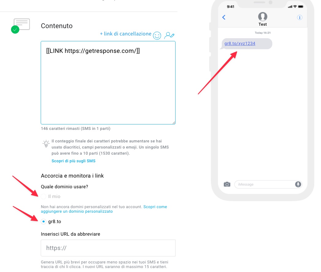 Aggiunta di contenuti SMS, nonché link per la disiscrizione e link abbreviati.