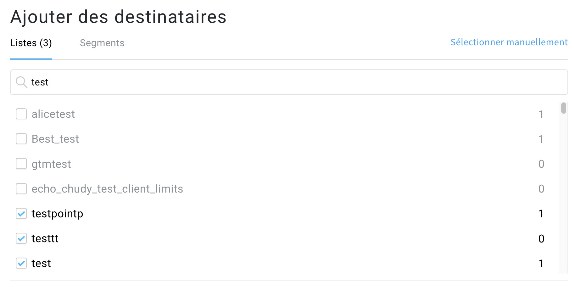 Sélection des listes ou segments auxquels envoyer le SMS.