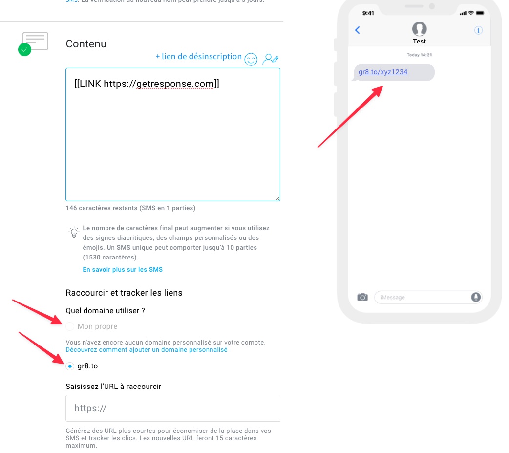 Ajout de contenu SMS, ainsi que de liens de désabonnement et de liens raccourcis.
