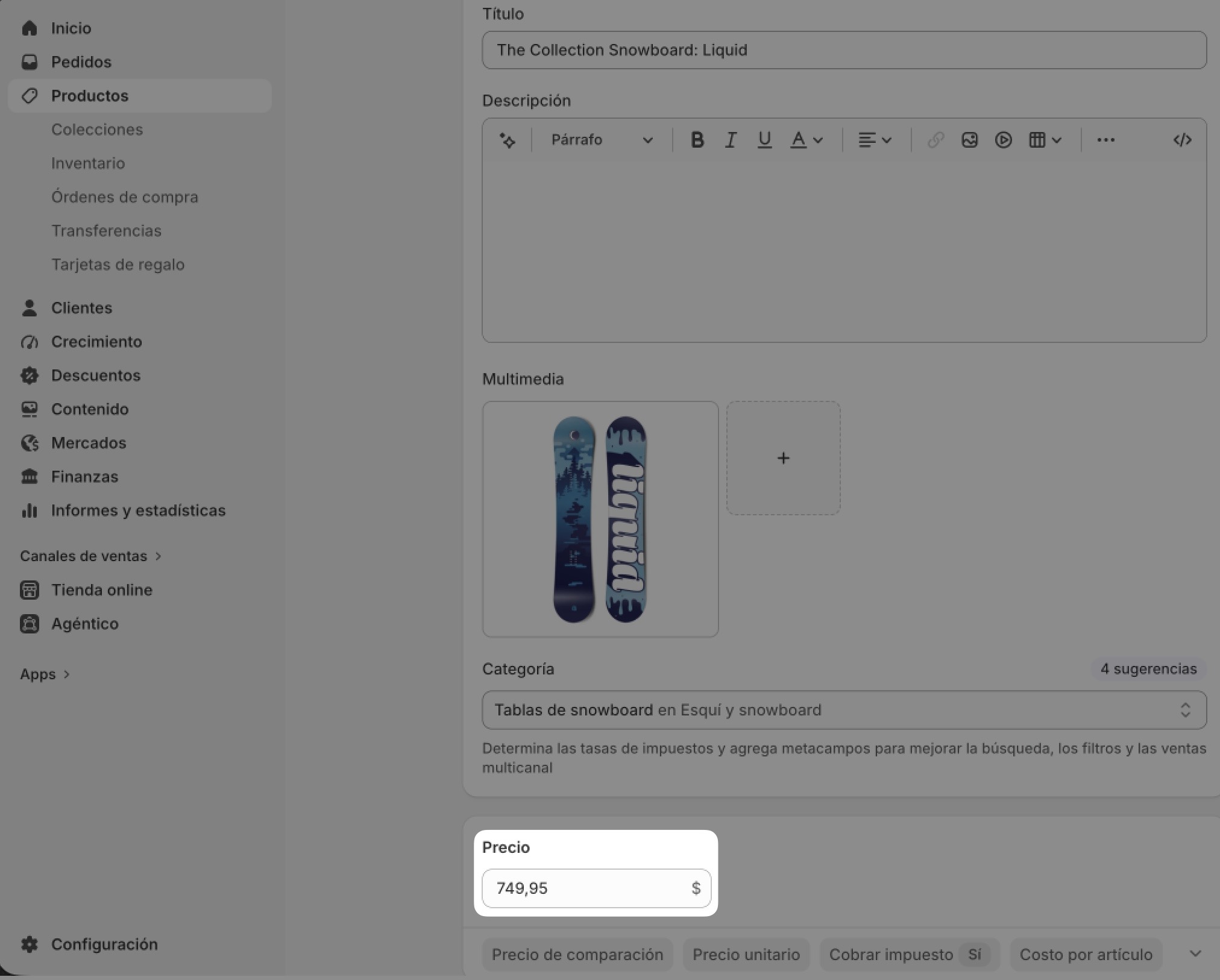 Imagen que muestra dónde se establece el precio del producto en Shopify.