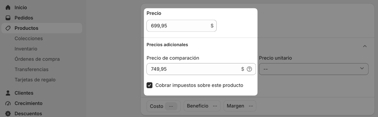 Imagen que muestra dónde configurar el precio de comparación en Shopify.