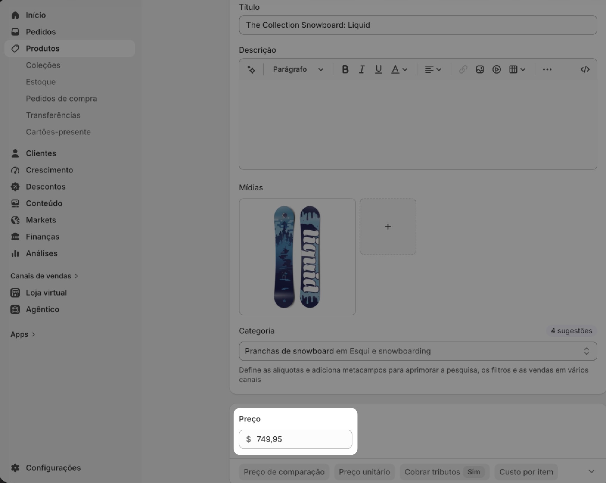 Imagem que mostra onde é definido o preço do produto no Shopify.