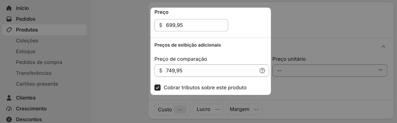 Imagem que mostra onde definir o preço de comparação no Shopify.