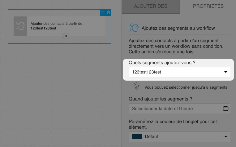 Paramètres des actions Ajouter des segments au flux de travail affichant un menu déroulant avec sélection de segment.
