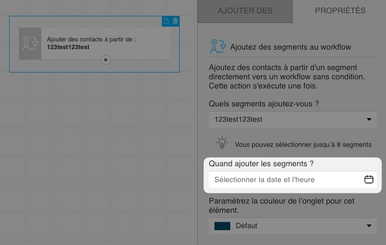 Sélecteur de date dans les paramètres de l'action Ajouter des segments au flux de travail.