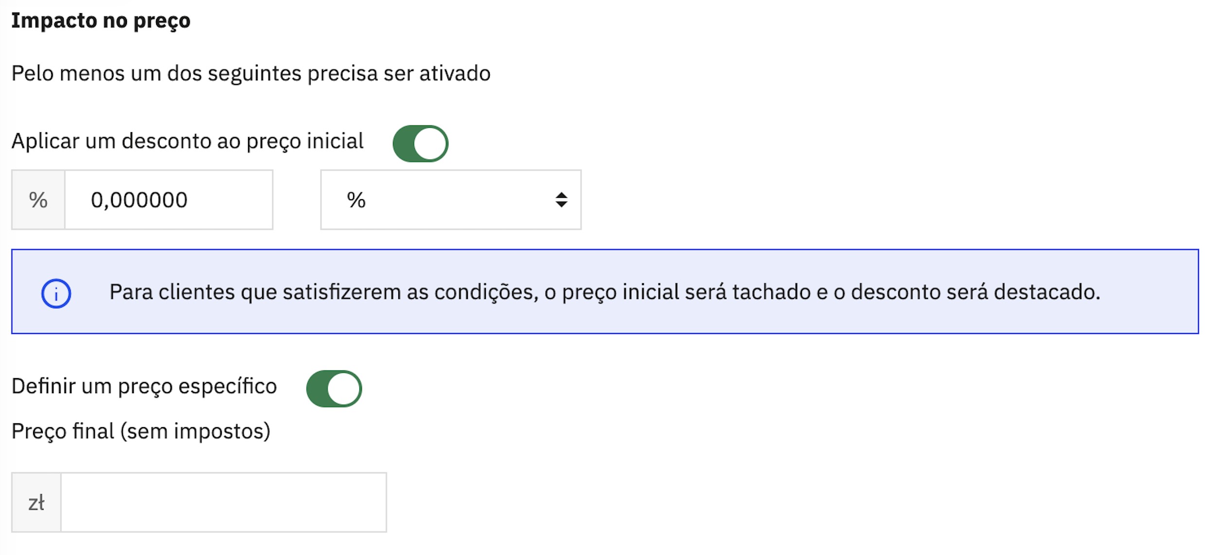 Configurações de impacto no preço