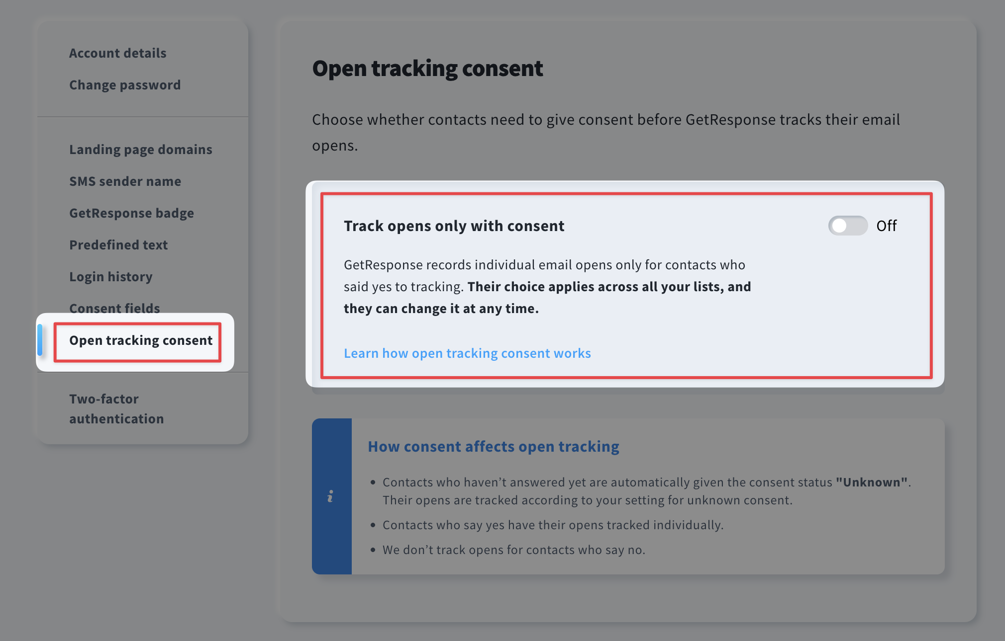Setting to "Track opens only with consent".