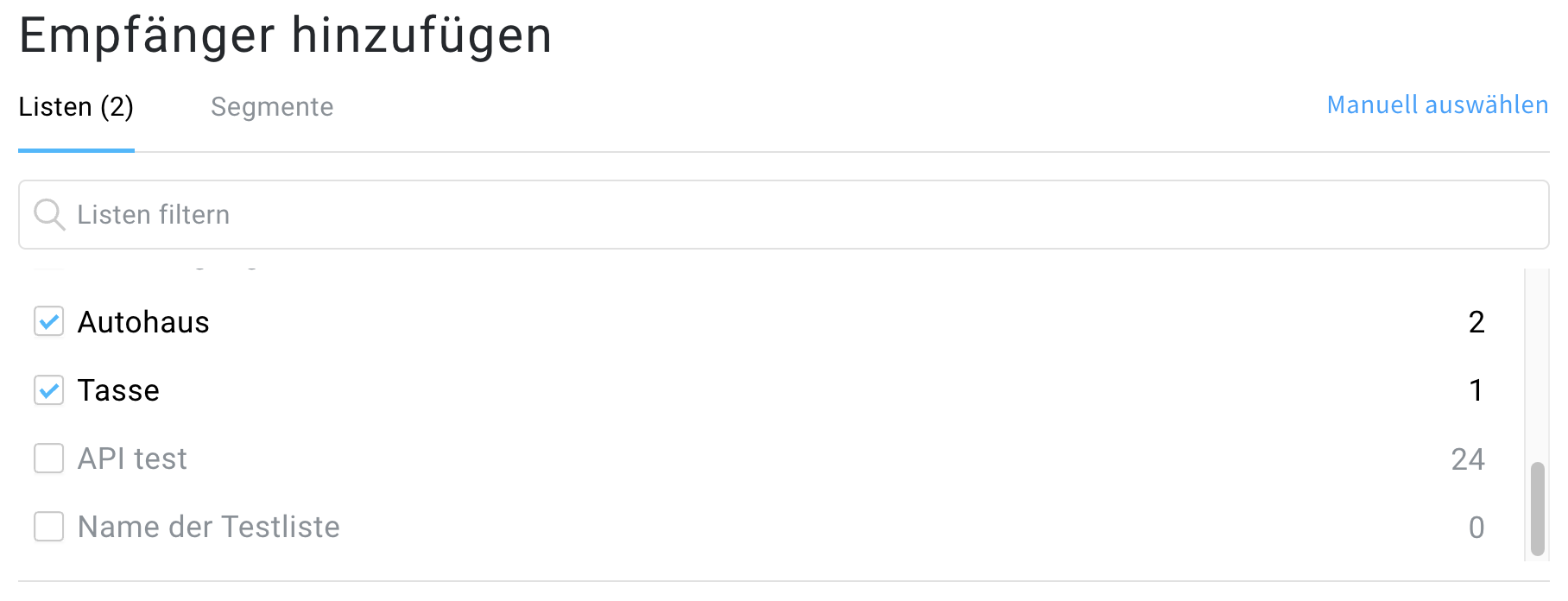 Auswählen der Listen oder Segmente, an die die SMS-Nachricht gesendet werden soll.