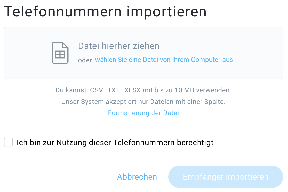 Importieren einer Datei mit Telefonnummern.