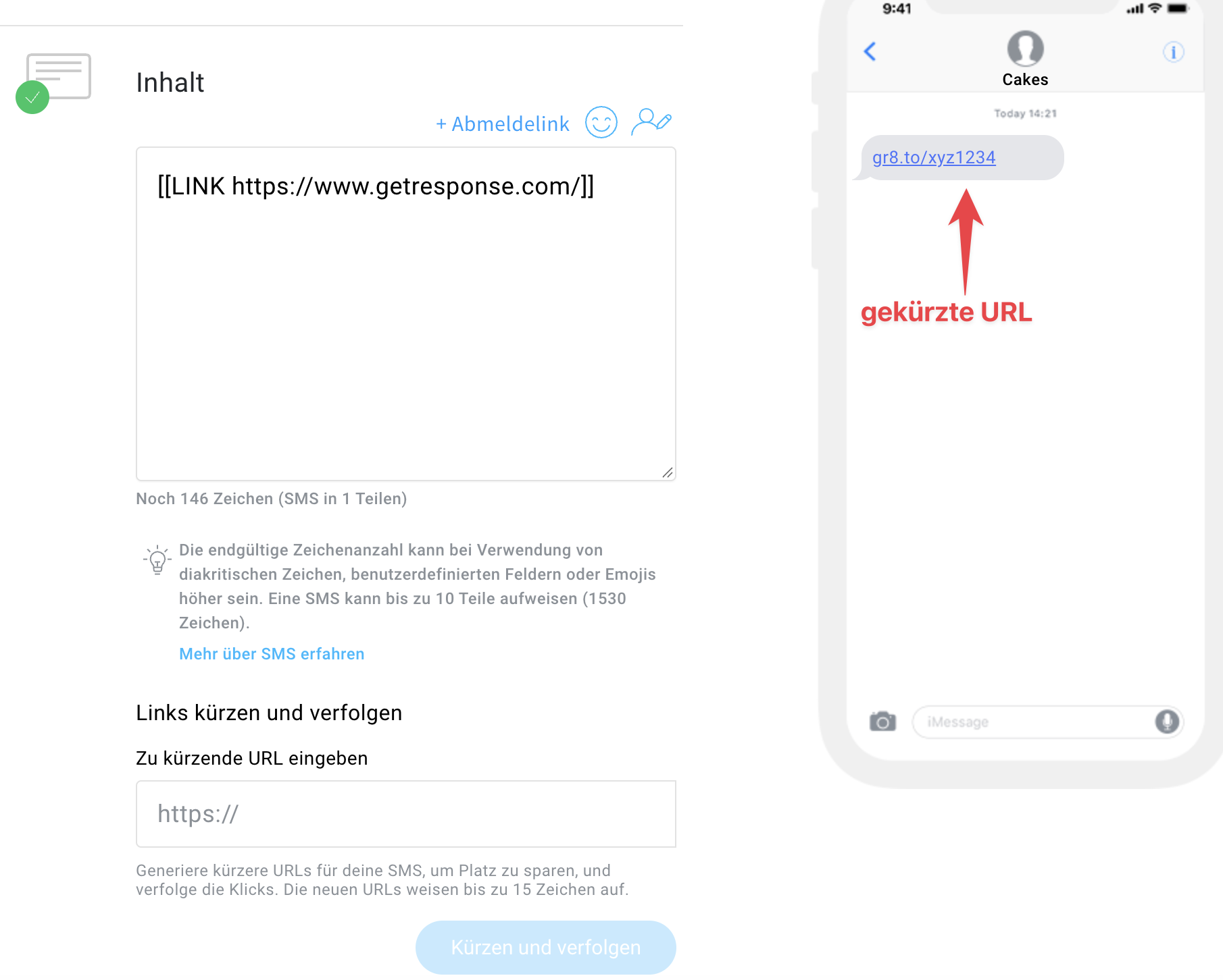 Hinzufügen von SMS-Inhalten sowie Abmelde- und Kurzlinks.