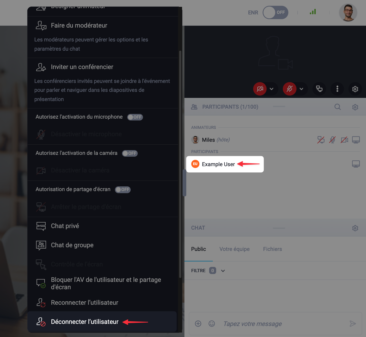 Option de déconnexion de l'utilisateur pour retirer le participant.