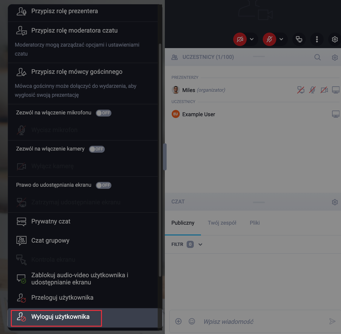 Opcja "wyloguj użytkownika" pozwalająca usunąć użytkownika z webinaru