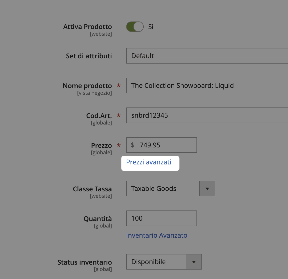 Opzione “Prezzi avanzati” in Magento.