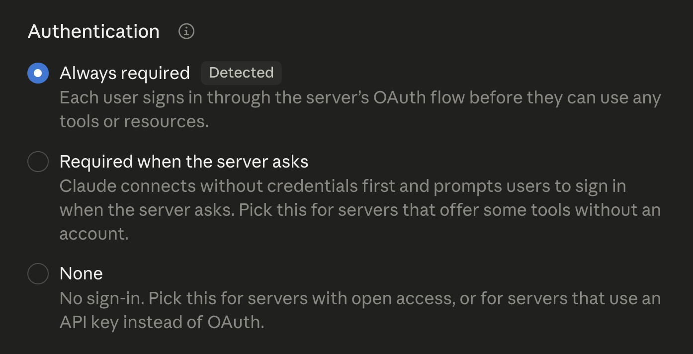 Authentication selection within connectors in Claude