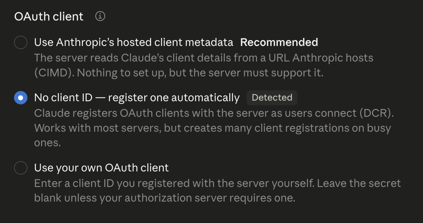 OAuth client selection within connector configuration in Claude