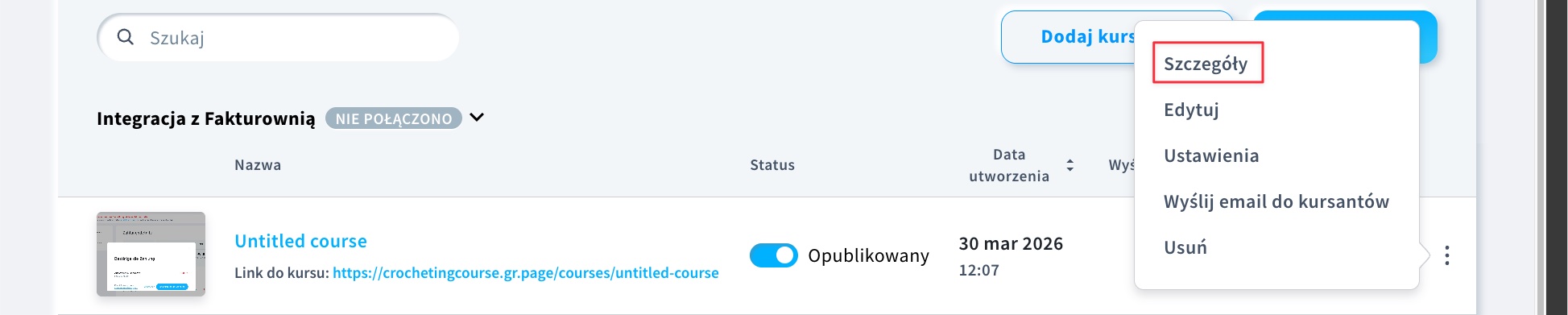 Widok ogólny w menu akcji kursów