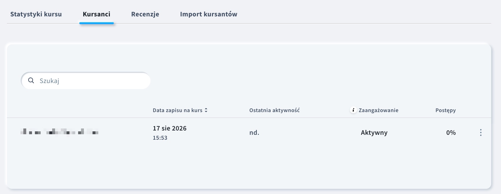 Zakładka Kursanci w szczegółach kursu