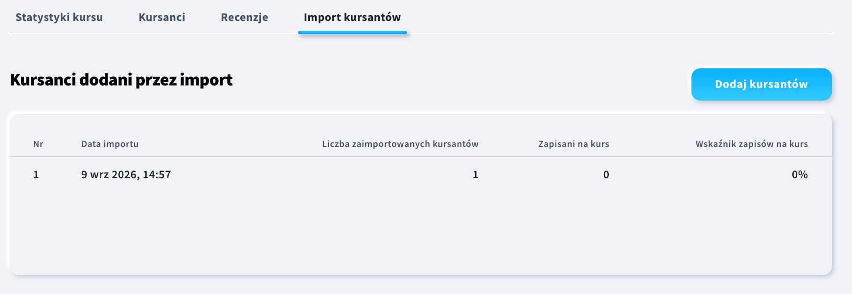 Zakładka Import kursantów w szczegółach kursu.