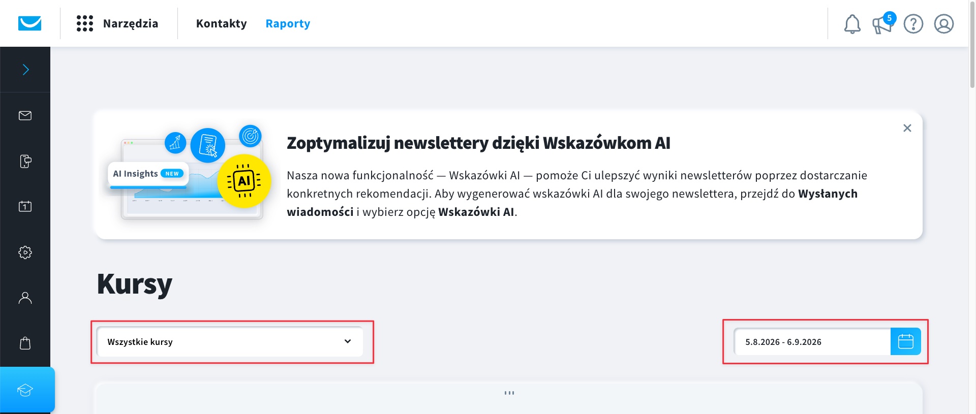 Filtry daty i kursu w raportach dotyczących kursów
