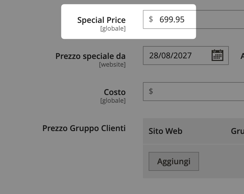 Impostazione dei prezzi speciali in Magento.