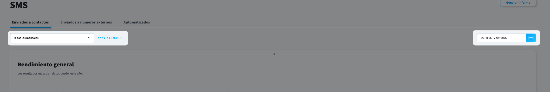 Filtros del informe de SMS.