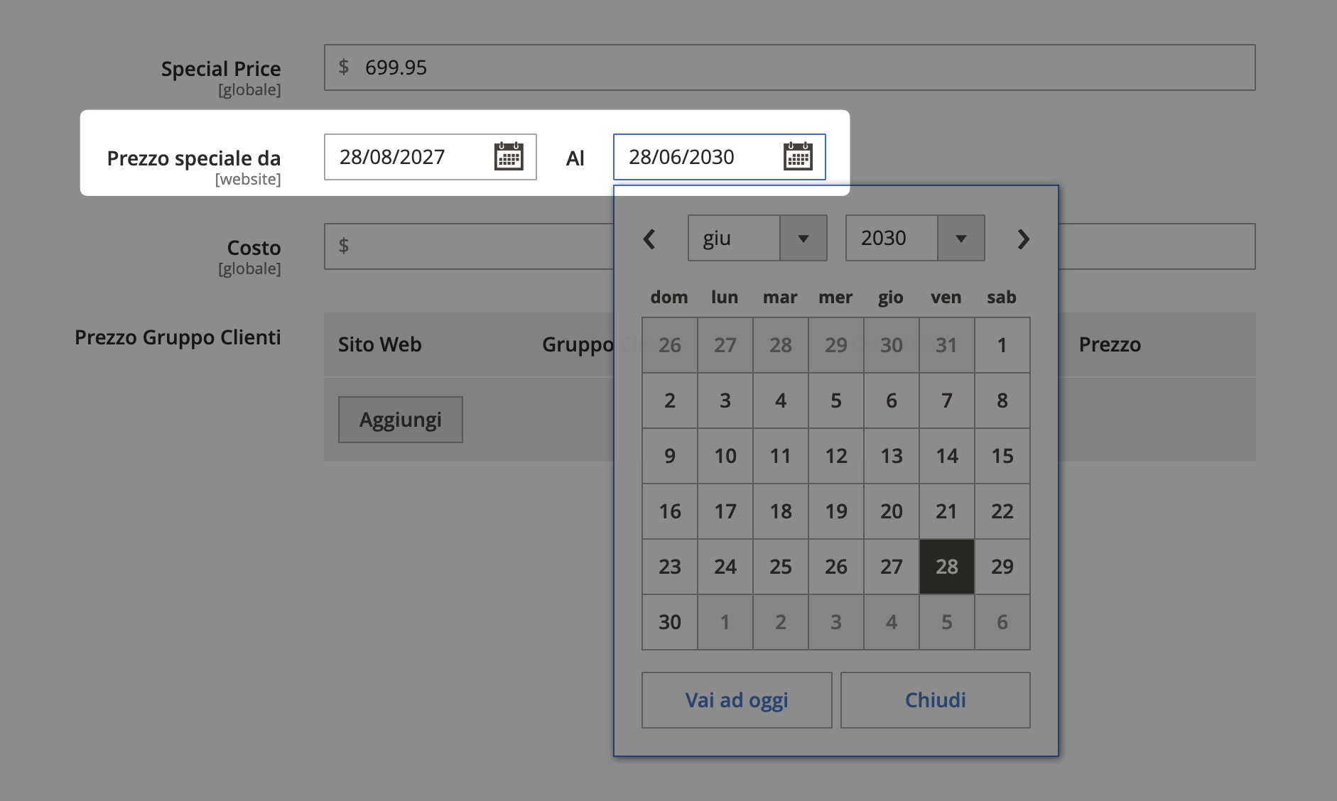 Impostazione di un intervallo di date in Magento.