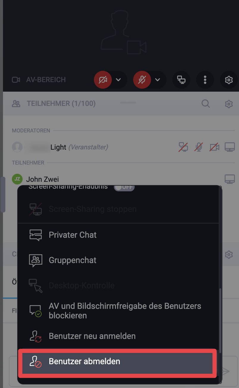 Option Benutzer abmelden zum Entfernen eines Teilnehmers
