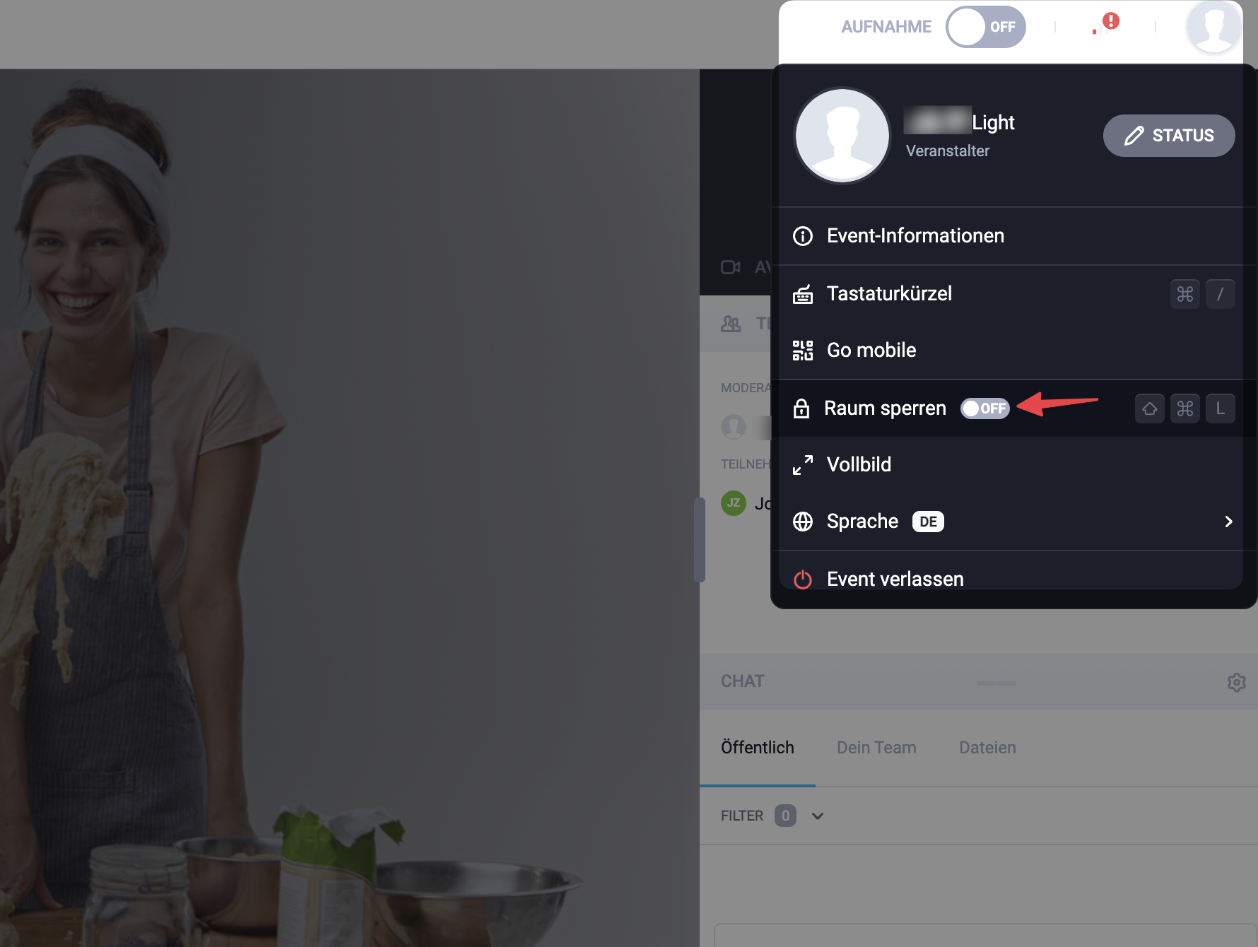 Option Raum sperren in der Webinarlobby