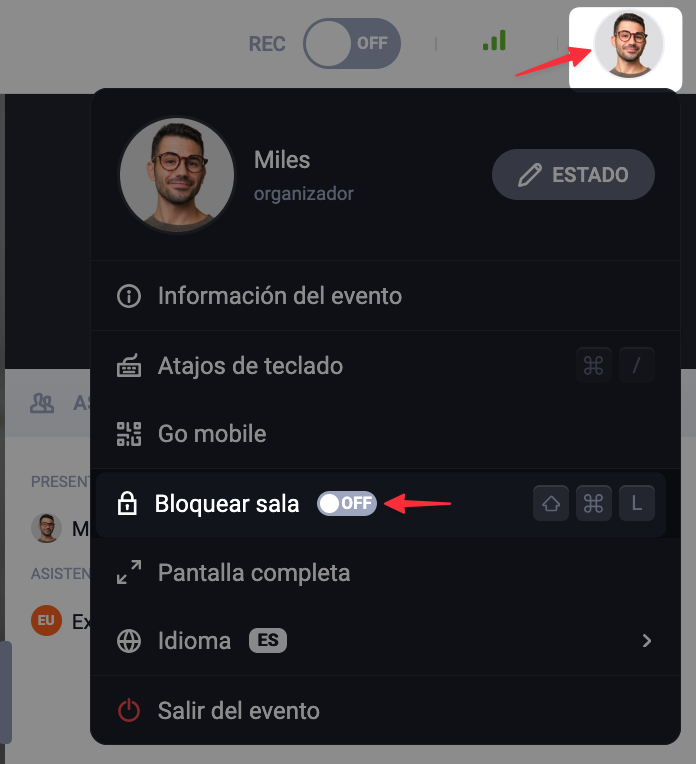 Opción "Bloquear sala" en la sala de espera del seminario web.
