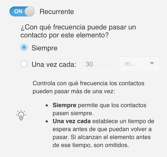 Configuración de la opción Ejecutar varias veces, que muestra con qué frecuencia un contacto puede pasar por un bloque: Siempre o Una vez por el período de tiempo seleccionado.