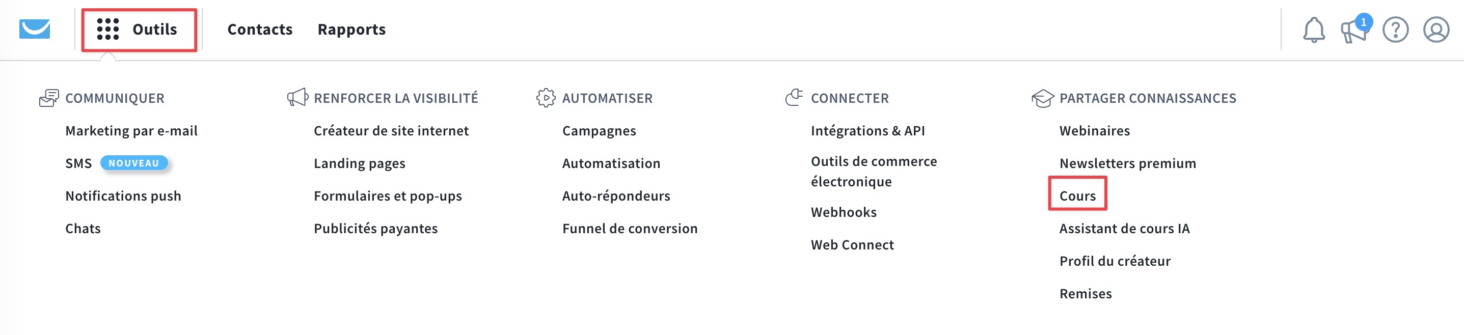 Cours sous la rubrique Outils.