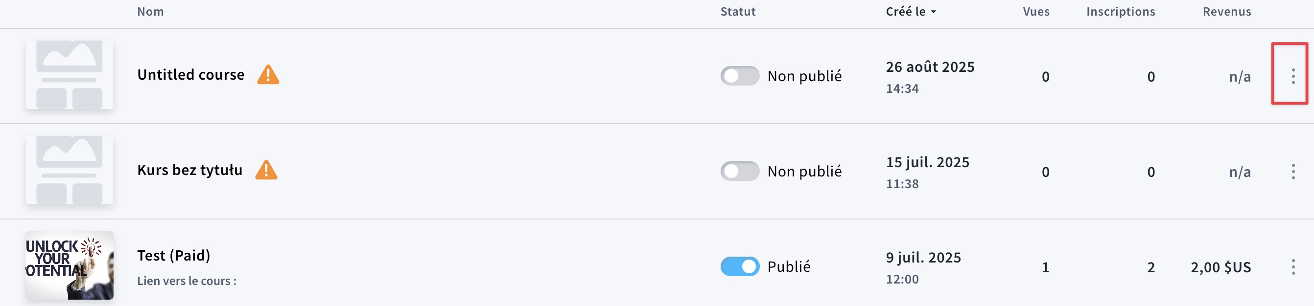 Menu d'actions pour les cours.