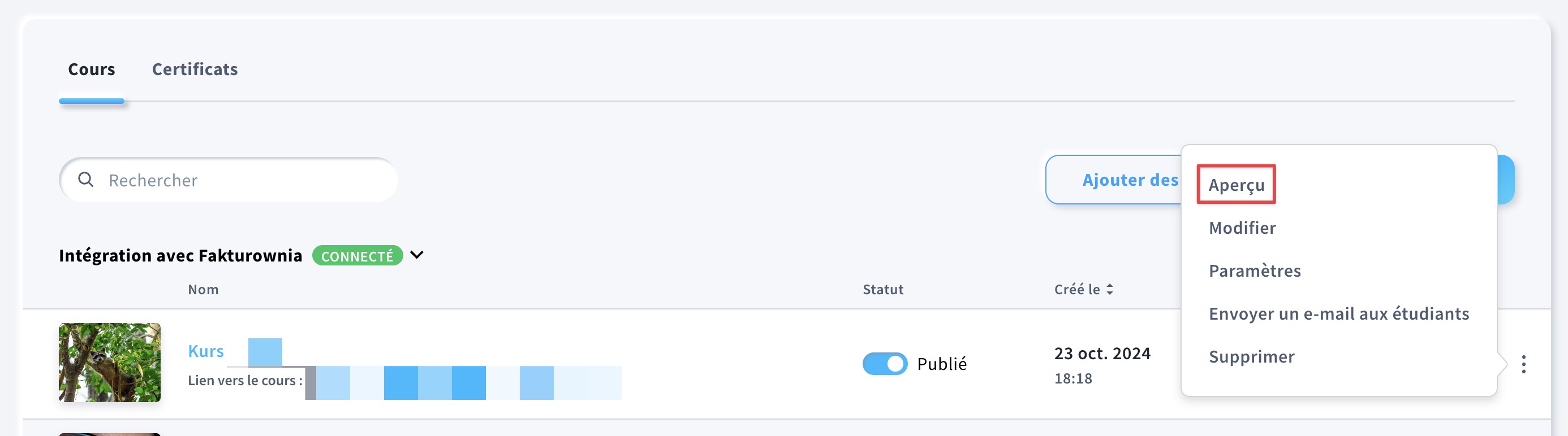 Aperçu dans le menu d'actions des cours.