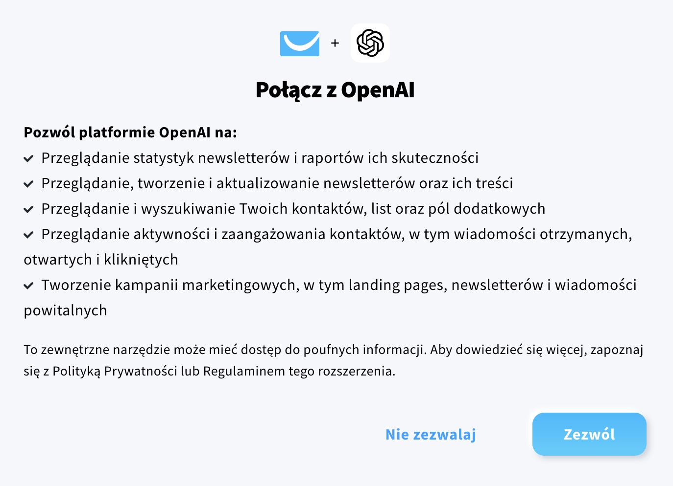 Ekran połączenia GetResponse z ChatGPT.
