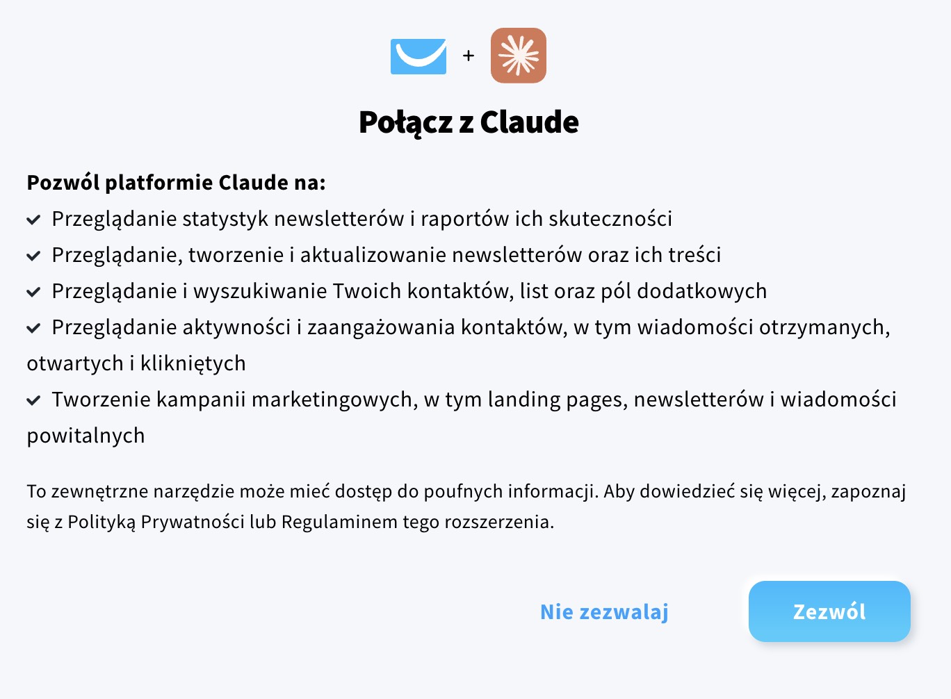 Ekran połączenia GetResponse z Claude.