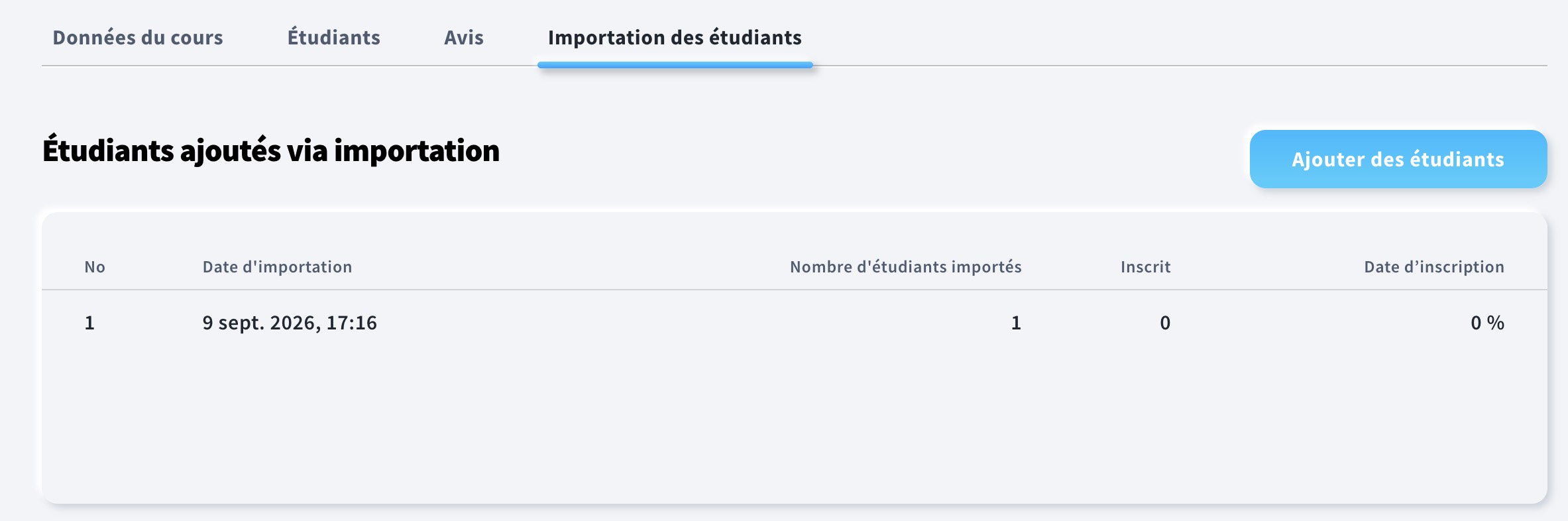 Onglet Importer les étudiants dans la vue d'ensemble du cours.