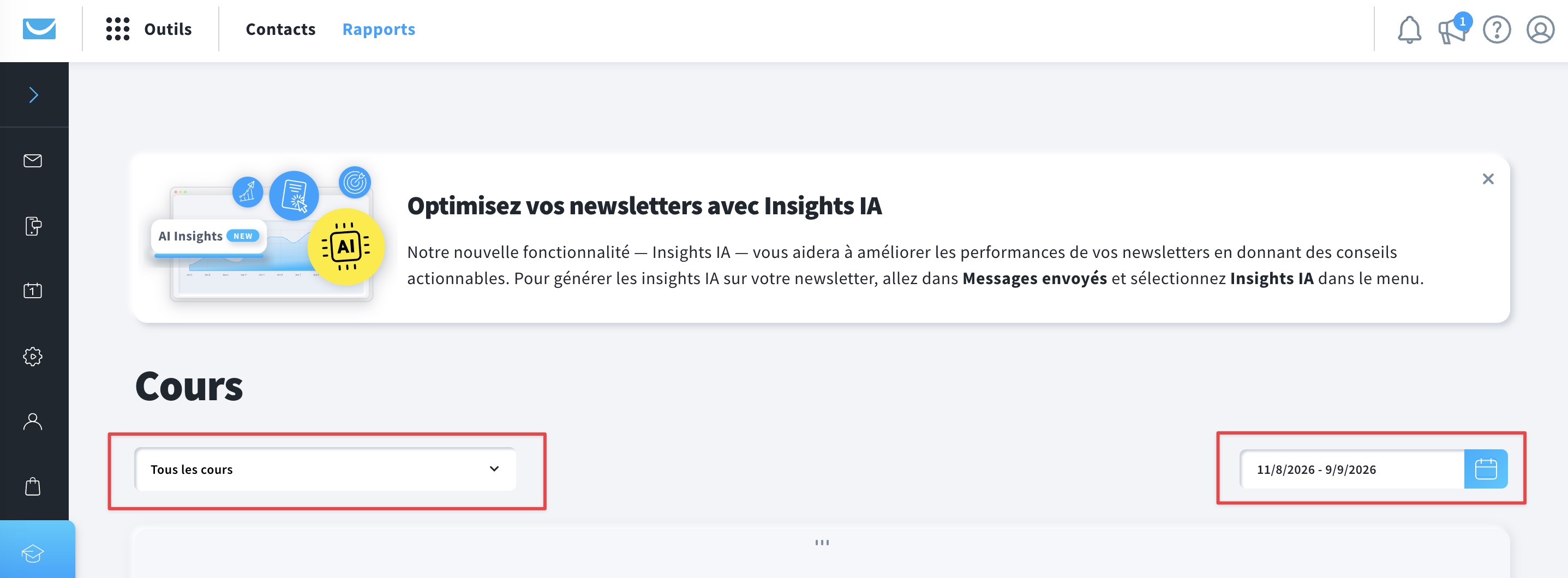 Filtres de date et de cours dans les rapports de cours.