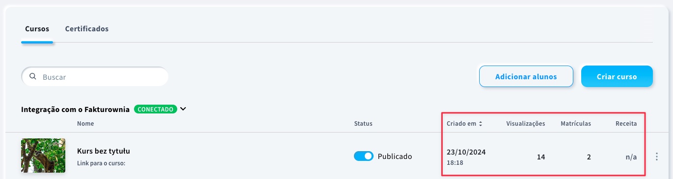 Estatísticas do curso na página Gerir cursos.