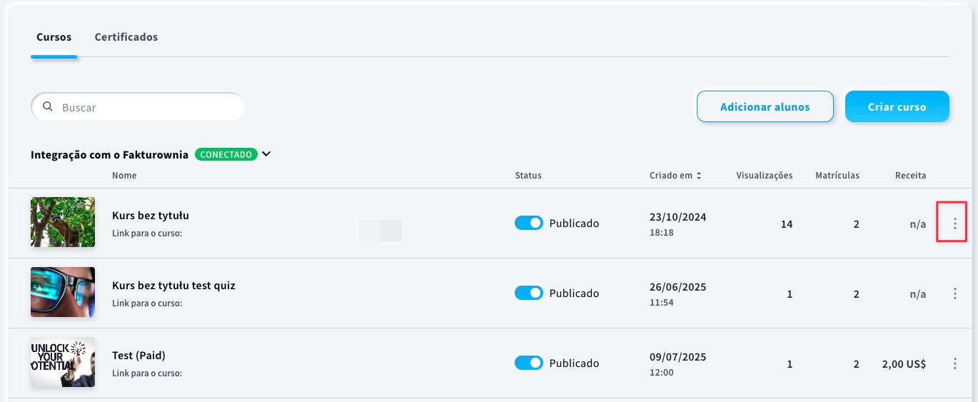 Menu de ações para cursos.