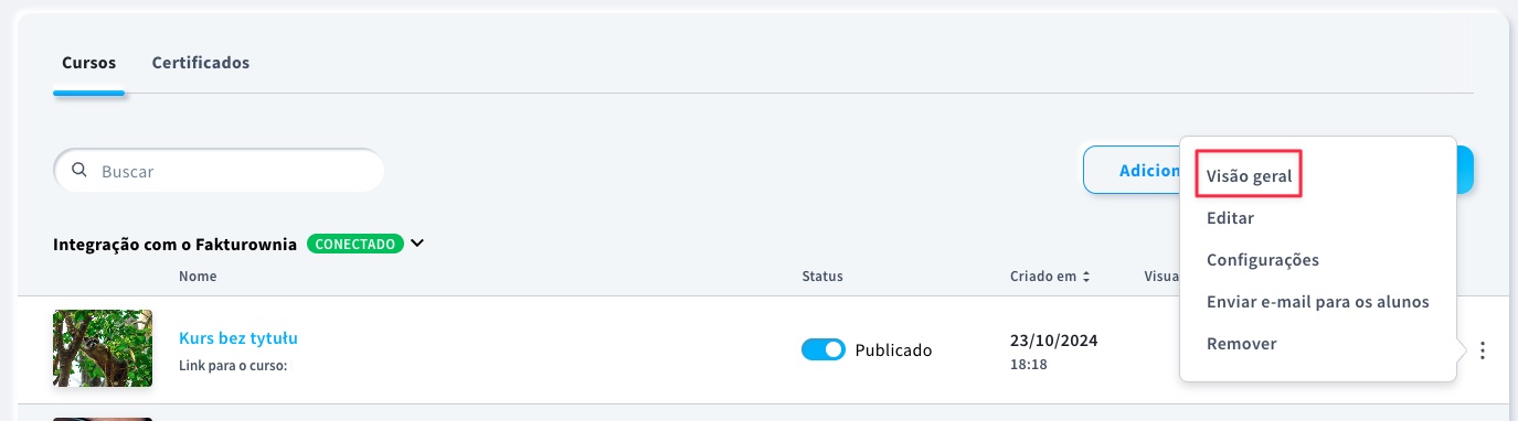 Visão geral no menu de ações dos cursos.