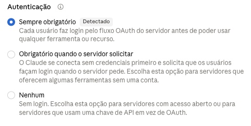 Seleção de autenticação em conectores no Claude