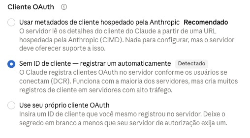 Seleção do cliente OAuth na configuração do conector no Claude.