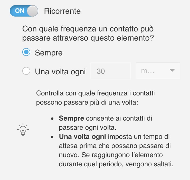  Impostazioni dell’opzione Esegui più volte, che mostrano con quale frequenza un contatto può passare attraverso un blocco: Sempre oppure Una volta per periodo di tempo selezionato.