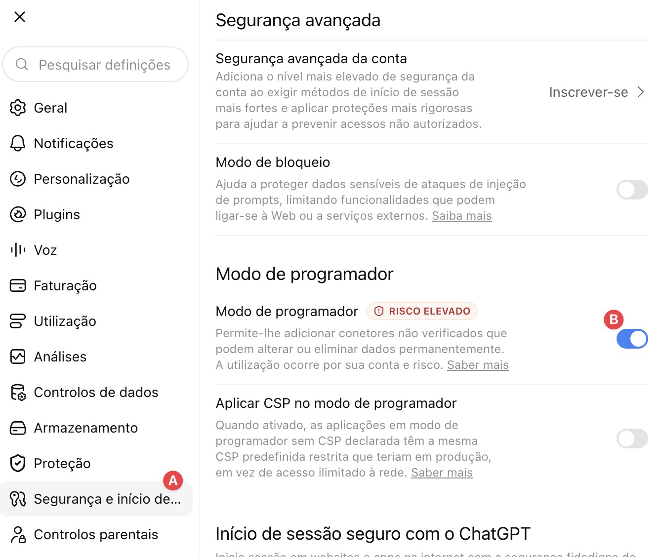 Ativação do modo de programador no ChatGPT