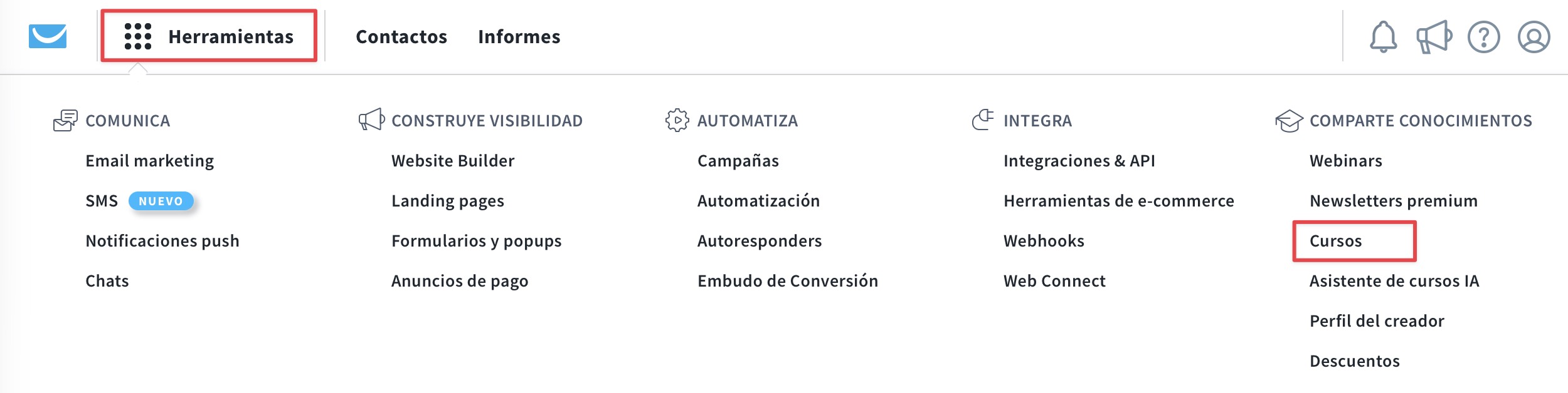 Cursos en la sección de herramientas.