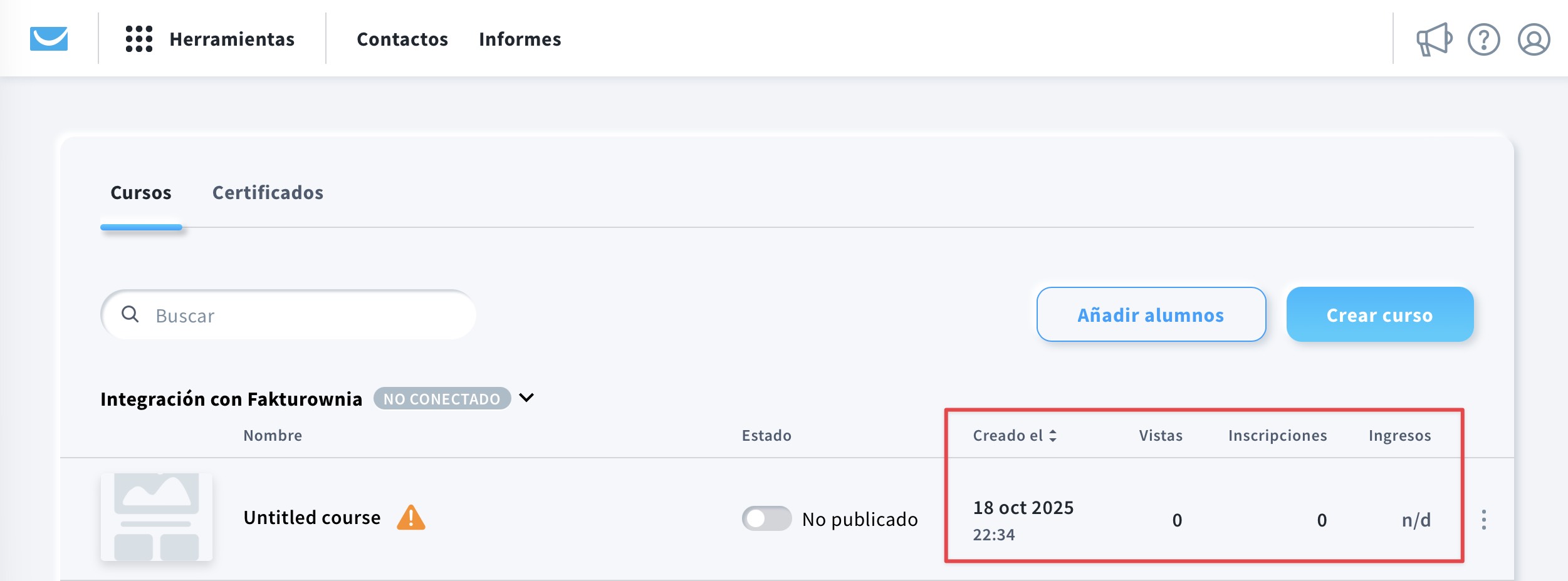 Estadísticas del curso en la página de gestión de cursos.