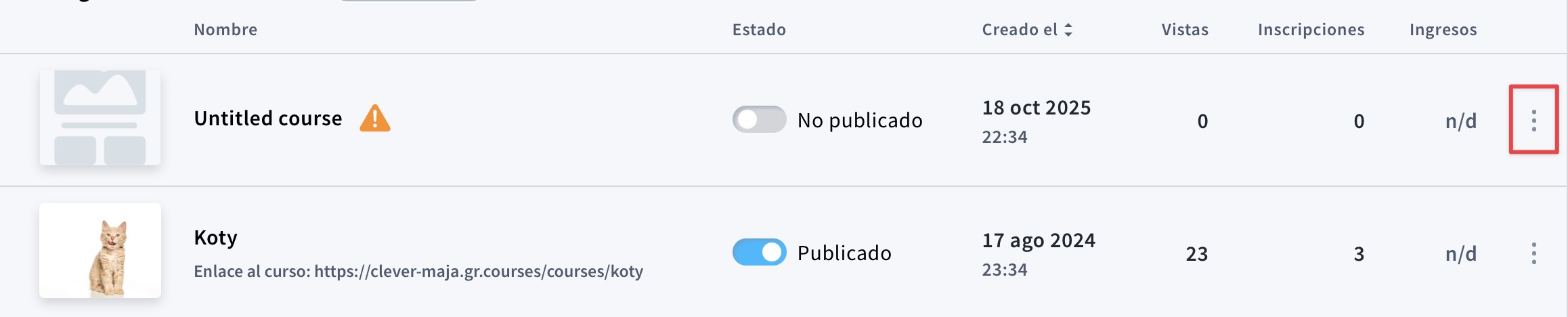 Menú de acciones para los cursos.