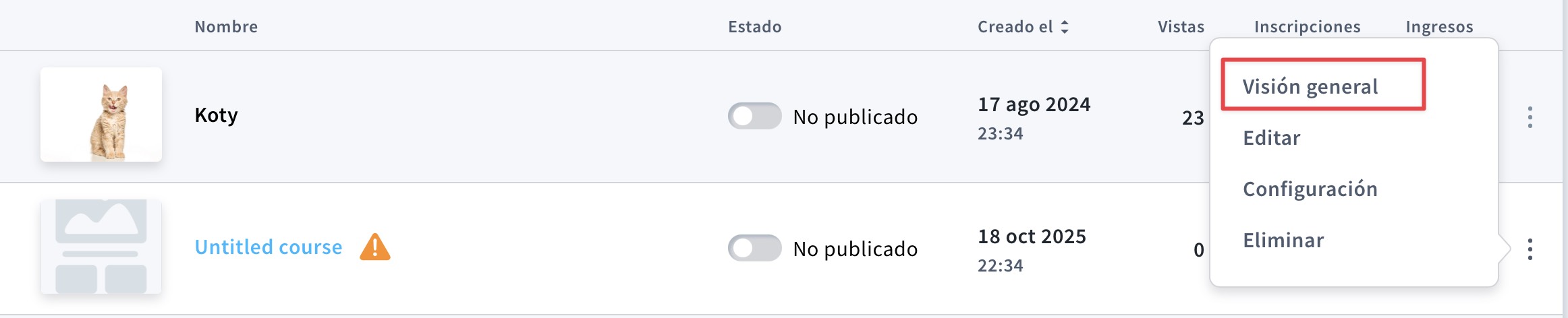 Vista general en el menú de acciones de los cursos.