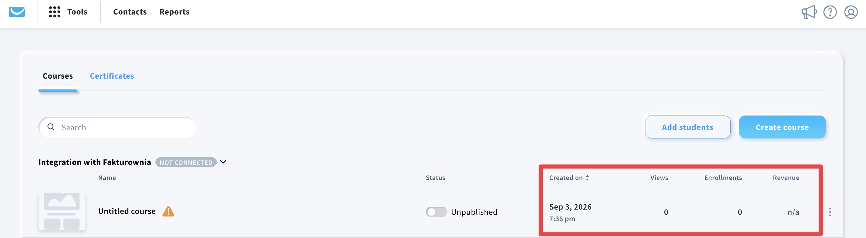 Course statistics on Manage courses page.