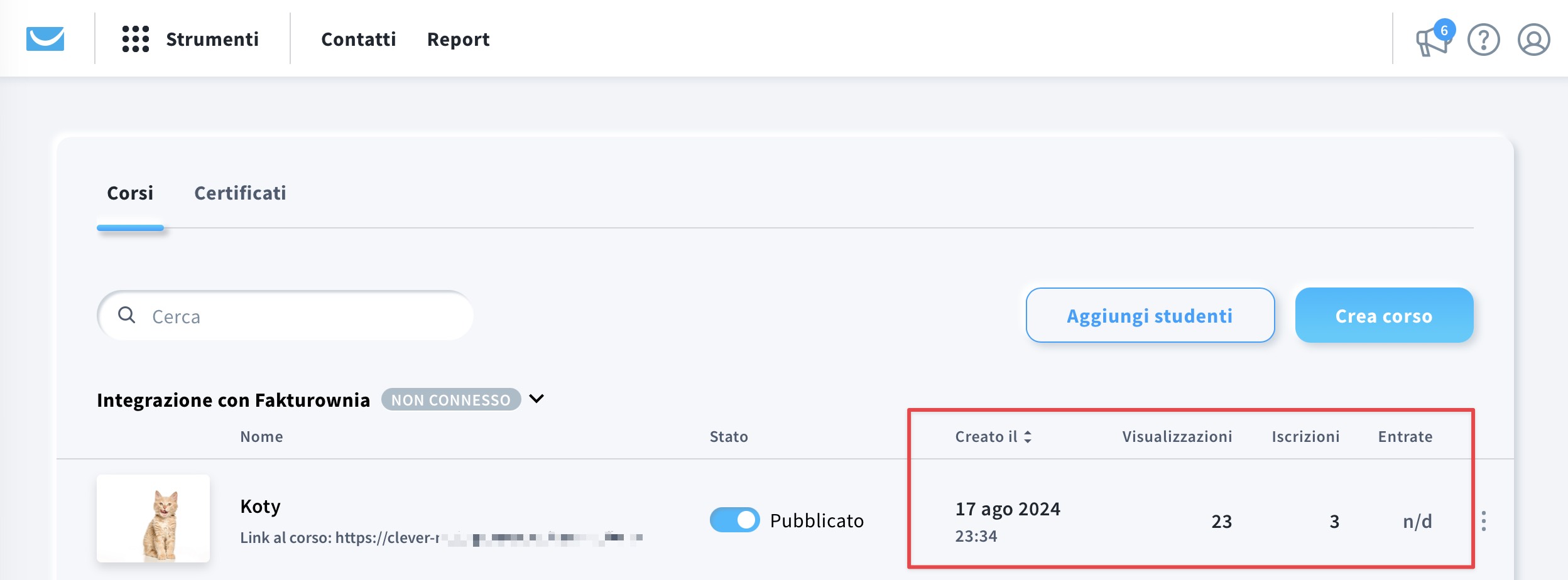 Statistiche del corso nella pagina Gestione corsi.